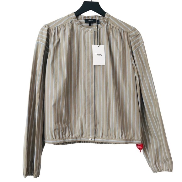 New! Theory Shirred Yoke Mandarin Collar Buttoned Down Ribbon Stripe Blouse Top - Picture 1 of 15